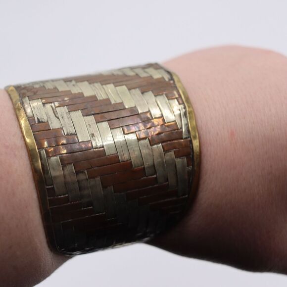 Vintage Copper Braided Woven Cuff Bracelet Bohemian Avant Garde Wide Cuff - Picture 1 of 10